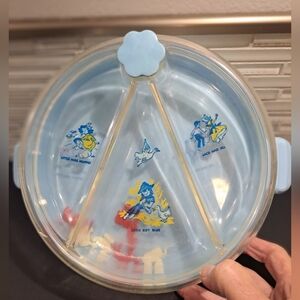 Vtg Baby Food Warmer Divided Bowl Dish W/Floaters, Nursery Rhymes Blue